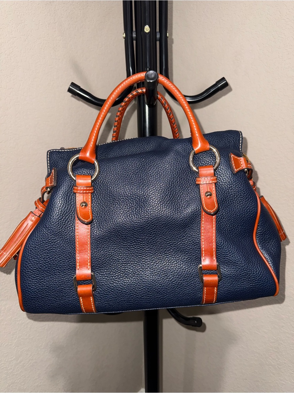 Dooney & Bourke Navy and Tan Leather Satchel INCLUDING matching wallet - Picture 2 of 12